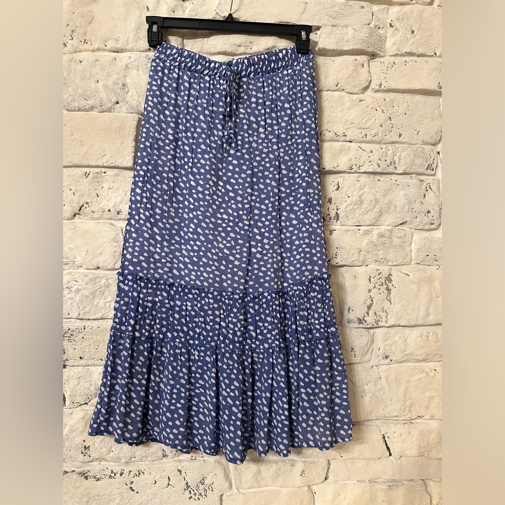 Classic Concepts blue & white dot maxi skirt with ruffle hem and tie waist